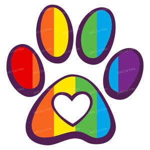 May include: A rainbow paw print with a white heart in the center. The paw print is outlined in purple.