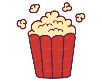 Może przedstawiać: Kreskówka przedstawiająca czerwony pojemnik na popcorn wypełniony puszystym, żółtym popcornem. Kilka kawałków popcornu unosi się nad pojemnikiem. Na pojemniku wydrukowano słowa "SVG Cut Files".