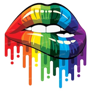 May include: A pair of lips with a rainbow dripping effect. The lips are outlined in black and the rainbow colors are red, orange, yellow, green, blue, indigo, and violet.