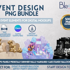 Puede incluir: Un paquete digital de más de 500 elementos de diseño para eventos que incluye fondos, paneles, pedestales, paredes brillantes, carpas, soportes para pasteles y globos. El gráfico muestra el texto EVENT DESIGN PNG BUNDLE y 500+ PNG ELEMENTS.