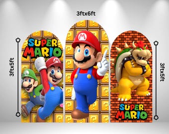 Mario-thema achtergrondtrio | Gepersonaliseerde verjaardagsfeestpanelen | Evenementenachtergrondset | Feestdecoratie met 3 panelen | Verjaardagsevenementpresentatie