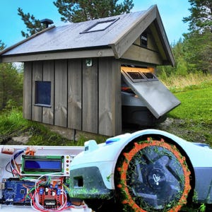 Könnte beinhalten: Ein Holzschuppen mit einem schrägen Dach beherbergt einen Rasenmähroboter. Der Schuppen hat ein kleines Fenster und eine teilweise geöffnete Tür. Der Rasenmäher ist weiß und grau mit orangefarbenen Akzenten. Das Bild zeigt auch die internen Komponenten des Rasenmähers.