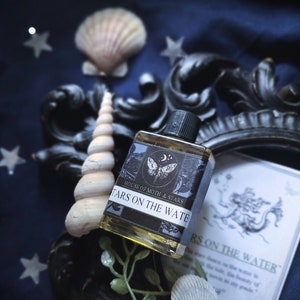 May include: A small glass bottle with a black label that reads "House of Moth & Stars" and "Stars on the Water". The bottle is sitting on a dark blue surface with seashells and a green plant.