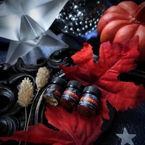 May include: A still-life arrangement featuring three small, dark-labeled bottles, likely essential oils, resting on a red leaf. A small orange pumpkin, a silver star, and a glittery sphere are in the background. The scene evokes a fall or Halloween theme.