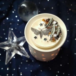 May include: A white candle warmer with a decorative moth design on a wax melt. The wax melt is decorated with stars, herbs, and crystals. The warmer sits on a dark blue fabric with white dots, with a clear star and a moon-shaped object in the background.