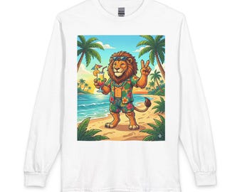 Camiseta de manga larga con diseño de león rasta en la playa / Ambiente de vacaciones tropicales