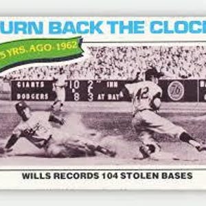 May include: Vintage baseball card featuring a black and white action shot of a baseball game. The card reads "TURN BACK THE CLOCK" and "15 YRS. AGO 1962". The card also shows the text "WILLS RECORDS 104 STOLEN BASES".
