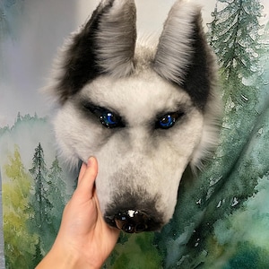 Puede incluir: Una máscara de lobo con piel sintética realista en gris y blanco, orejas puntiagudas con puntas negras y ojos azules penetrantes. El hocico presenta detalles en gris oscuro y una nariz negra brillante, imitando una cabeza canina.