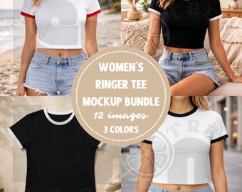 Damen Ringer T-Shirt Mockup Bundle, Lifestyle Flat Lay Shirt Mockups (Instant Download)