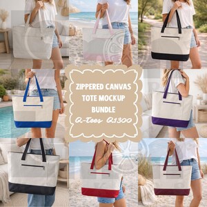 K&ouml;nnte beinhalten: Eine Sammlung von Canvas-Tragetaschen mit Rei&szlig;verschluss in verschiedenen Farben, darunter Beige, Rosa, Schwarz, Blau, Lila und Rot. Jede Tasche hat einen kontrastierenden Boden und Griffe sowie eine kleine Rei&szlig;verschlusstasche. Der Text "ZIPPERED CANVAS TOTE MOCKUP BUNDLE" ist zu sehen.