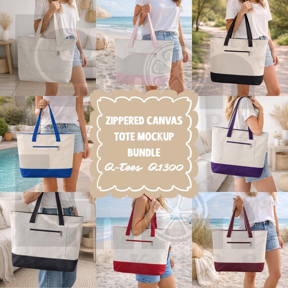 Zippered Canvas Tote Mockup Bundle, Q-Tees Q1300, Lifestyle Images (Instant Download)