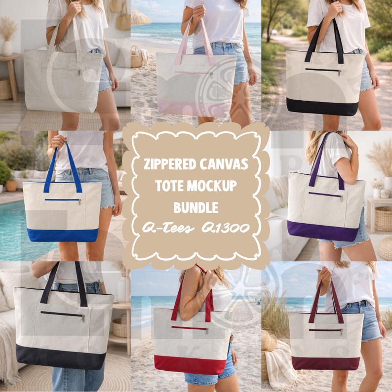 K&ouml;nnte beinhalten: Eine Sammlung von Canvas-Tragetaschen mit Rei&szlig;verschluss in verschiedenen Farben, darunter Beige, Rosa, Schwarz, Blau, Lila und Rot. Jede Tasche hat einen kontrastierenden Boden und Griffe sowie eine kleine Rei&szlig;verschlusstasche. Der Text "ZIPPERED CANVAS TOTE MOCKUP BUNDLE" ist zu sehen.