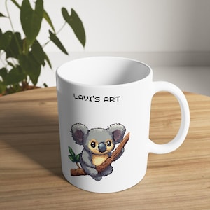 Taza de koala pixel art, adorable personaje de dibujos animados, diseño retro de 8 bits, taza de cerámica blanca, 325 ml y 433 ml, regalo para amantes de los animales.
