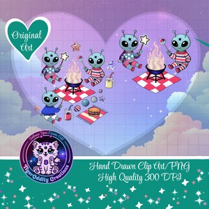 Puede incluir: Clipart digital que presenta un grupo de personajes alienígenas azules y rojos con estrellas y rayas en su ropa, reunidos alrededor de una fogata con una manta a cuadros. La imagen está configurada sobre un fondo degradado púrpura y azul con nubes y estrellas.