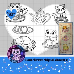 May include: A set of five black and white digital stamps featuring cute cats with teacups, a teapot, and macarons. The stamps are perfect for adding a touch of whimsy to your crafting projects.