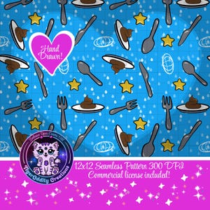 Pode incluir: Um padrão sem costura com fundo azul com gotas de chuva brancas, estrelas e uma variedade de ilustrações desenhadas à mão, incluindo um prato de cocô, um garfo, uma colher e um prato com um design de espiral. O texto "Embrace Your Cosmic Odd" está em um círculo com uma ilustração de gato. O texto "TigerOddity Creations" está abaixo do círculo. O texto "12x12 Seamless Pattern 300 DPI Commercial license included!" está na parte inferior da imagem.