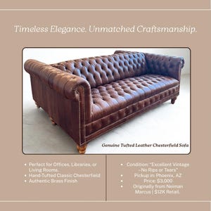 Vintage Tufted Leather Chesterfield Sofa – Full Grain Brown Leather, Nailhead Trim, Rolled Arms – Classic Estate Seating