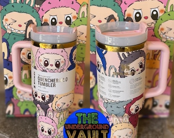 BRAND NEW Labubu Design Tumbler Cup 40 oz Waterbottle + Exclusive Gift Box + Straw + Straw Topper + Pink Tumbler Bag