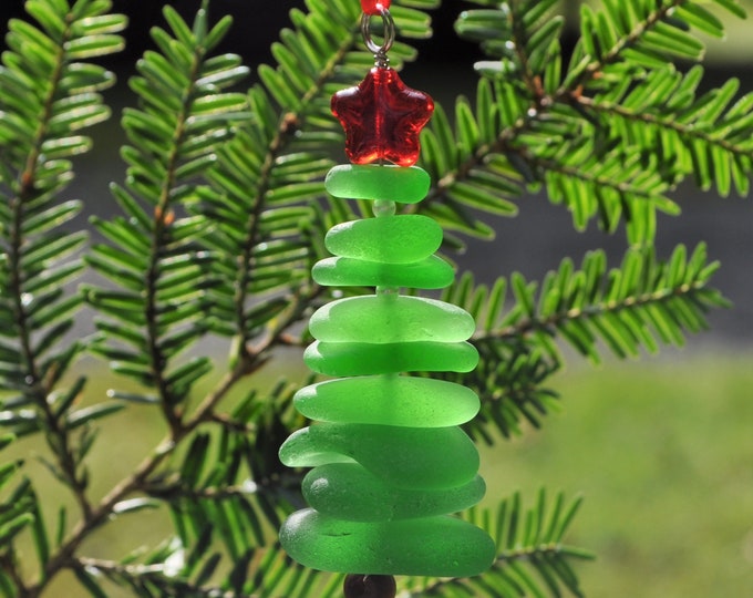 Sea Glass Christmas Tree Ornament, Delightful Stocking Stuffer, Unique Gift, Holiday Package Decor, Genuine Green Sea Glass and Red Star