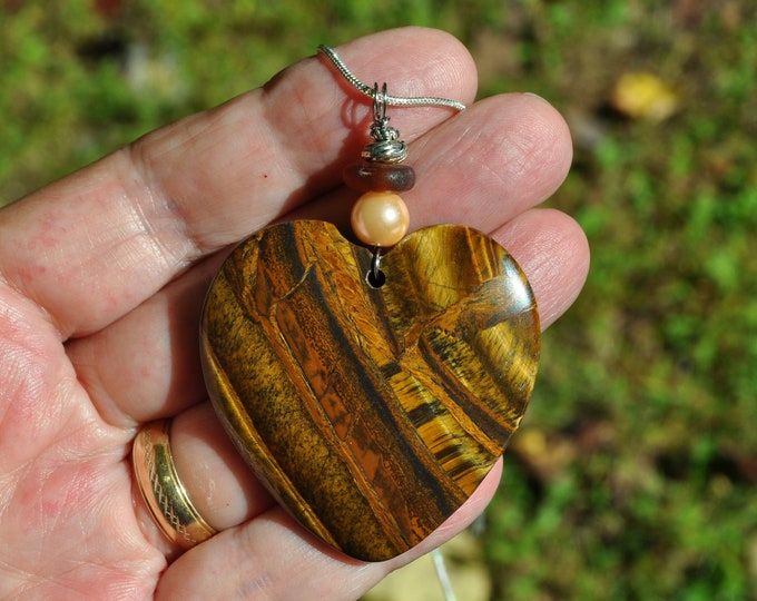 Tiger Eye Pendant Necklace, Large Gorgeous Natural Heart, Genuine Sea Glass Accent, Peach Pearl, Sterling Chain Included B176