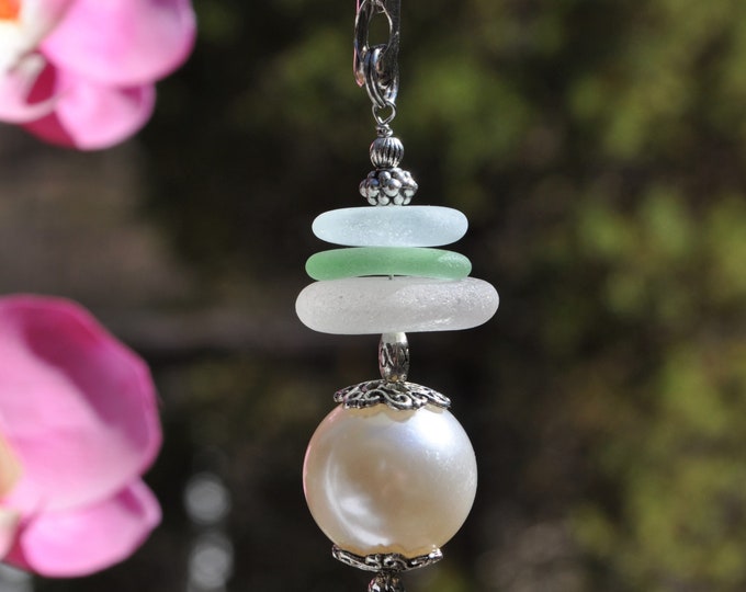 Genuine Sea Glass, Ceiling Fan Pull, Light Pull, Suncatcher, Frosty Seafoam Mix Stack 517, Lamp Pull, Beaded Pull, Beach Lover Gifts