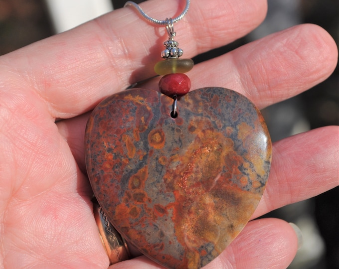 Variegated Agate Necklace Pendant, Large Red Heart, Genuine Sea Glass Accent, Faceted Ruby Gemstone, Sterling Chain Included B197