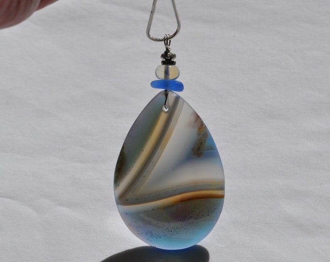 Rock Pendant, Striped Onyx Agate Necklace, Large Blue Teardrop, Genuine Sea Glass Accent, Moonstone Gemstone, Sterling Chain Included B162