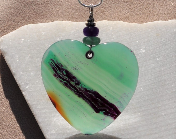 Rock Necklace, Striped Onyx Agate Pendant, Green Heart, Genuine Sea Glass Accent, Faceted Amethyst Gemstone; Sterling Chain Included B75