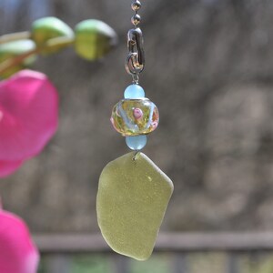 Ceiling Fan Pull, Genuine Sea Glass, Light Pull, Beach Fan Pull, Sun Catcher, Frosty Olive Green Drop 309, Beaded Lamp Pull, Beach Gift