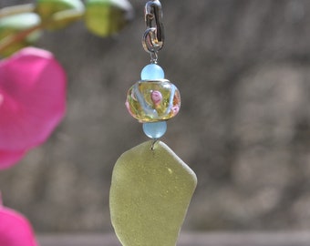 Ceiling Fan Pull, Genuine Sea Glass, Light Pull, Beach Fan Pull, Sun Catcher, Frosty Olive Green Drop 309, Beaded Lamp Pull, Beach Gift