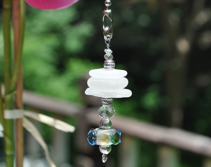 Fan Chain Pull, Genuine Sea Glass, Ceiling Fan Pull, Light Pull, Suncatcher, Frosty White Stack 706, Lamp Pull, Beaded Pull, Coastal Gifts