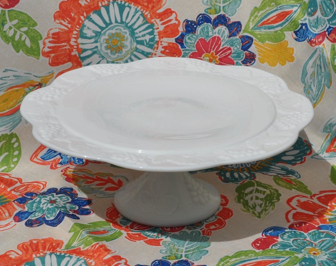 Vintage Milk Glass Pedestal Embossed Cake Stand Dessert Centerpiece 12.5"D Free Ship