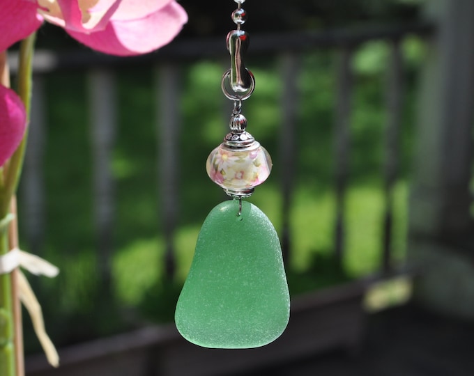 Genuine Sea Glass, Ceiling Fan Pull, Light Pull, Suncatcher, Frosty Green Drop 445, Lamp Pull, Unique Gift, Beaded Pull, Beach Lover Gifts