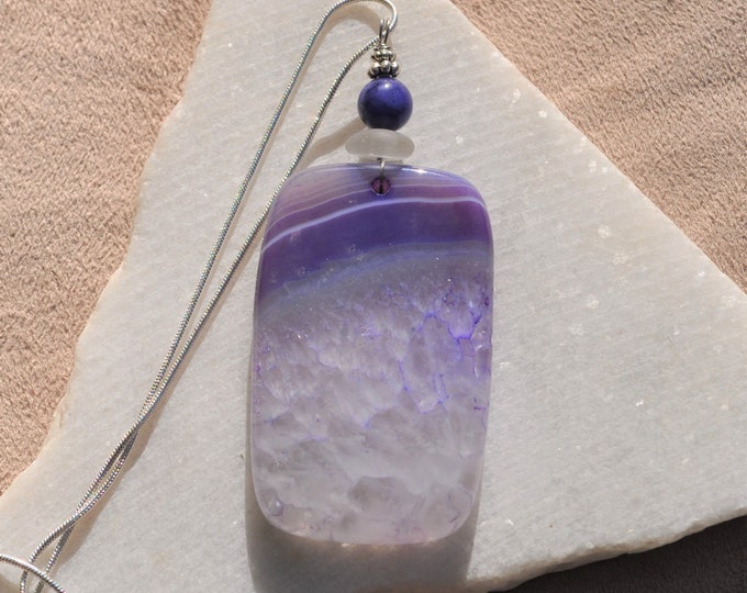 Stone Necklace, Geode Onyx Agate Pendant, Striped Purple Rock, Genuine Sea Glass Accent, Purple Agate Gemstone, Sterling Chain Included B240