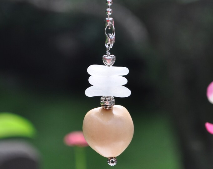 Coastal Lamp Pull, Genuine Sea Glass, Ceiling Fan Pull, Light Pull, Suncatcher, Frosty White Stack 713, Beach Gifts, Lamp Pull, Beaded Pull