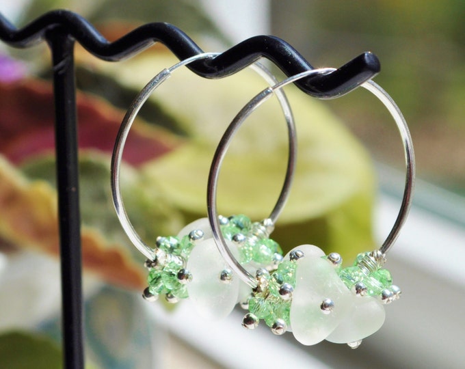 Sea Glass Jewelry Beach Earrings White 30mm Hoops Sterling Swarovski Crystals Genuine Sea Glass Beach Hopp Earrings Free Shipping 3122