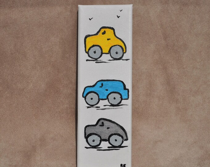 Vintage Car Painting, Whimsical Car Collection, Colorful Car Trio Mini Canvas, Original Acrylic, Auto from Past, Old Time Cars