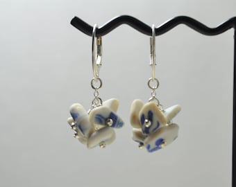 Genuine Sea Glass Jewelry Beach Clustered Pottery Earrings in Blue and White Sterling Silver Free Shipping 7862