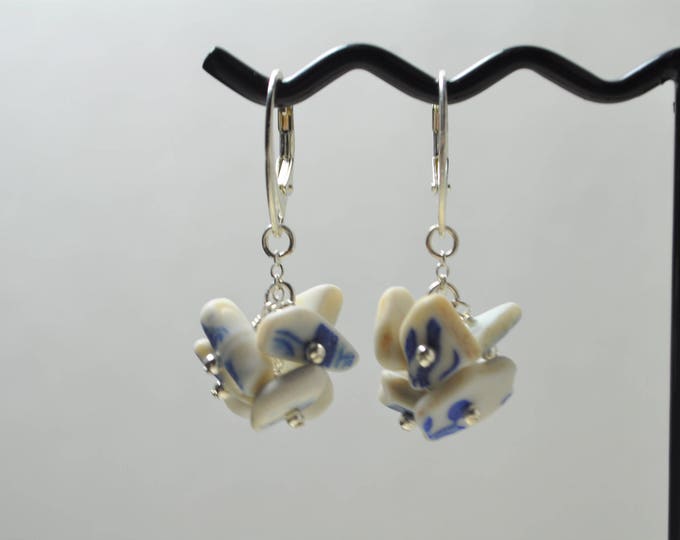Genuine Sea Glass Jewelry Beach Clustered Pottery Earrings in Blue and White Sterling Silver Free Shipping 7862