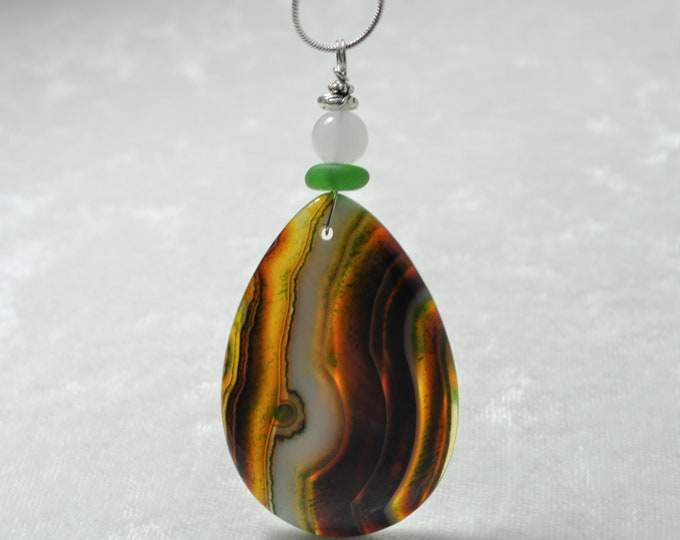 Rock Pendant, Striped Onyx Agate Pendant, Large Olive Teardrop Stone, Genuine Sea Glass Accent, Jade Gemstone, Sterling Chain Included B315