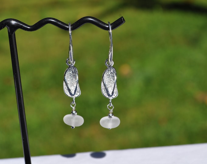 Flip Flop Beach Earrings White Sterling Silver Genuine Sea Glass Earrings Glass Drop Dangle Earrings Free Shipping 4634