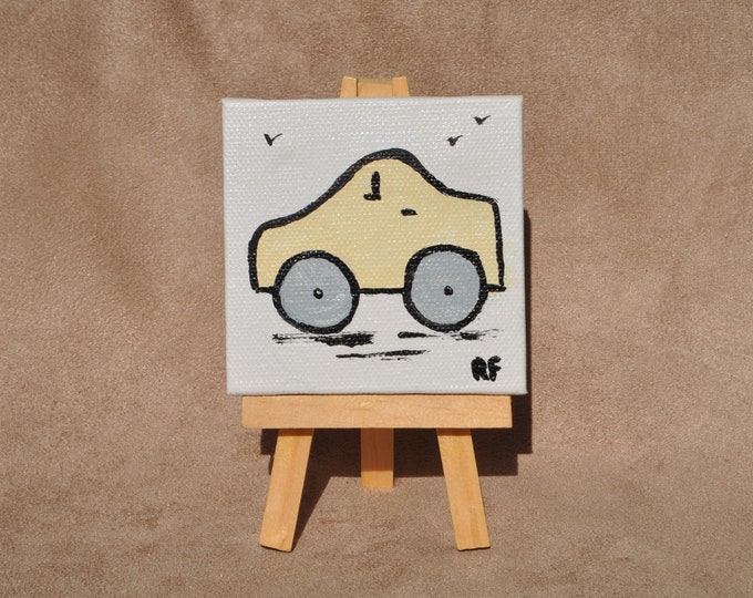 Vintage Car Painting, Whimsical Car Collection, Miniature Canvas with Easel, Mini Car Art,  Beige Car Original Acrylic, Auto from Past