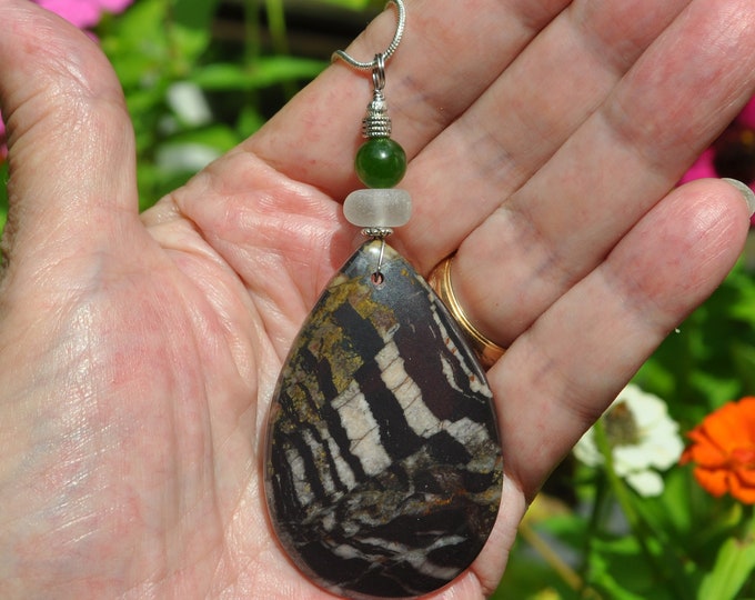 Sea Sediment Ocean Agate Necklace Pendant, Large Teardrop, Genuine Sea Glass Accent, Jade Gemstone, Sterling Chain Included B63