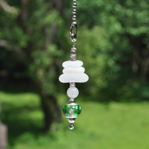 Genuine Sea Glass, Ceiling Fan Pull, Light Pull, Suncatcher, Frosty White Stack 731, Lamp Pull, Beaded Pull, Coastal Gifts, Beach Gifts
