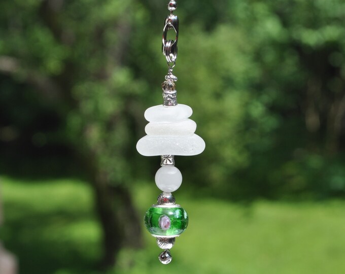 Genuine Sea Glass, Ceiling Fan Pull, Light Pull, Suncatcher, Frosty White Stack 731, Lamp Pull, Beaded Pull, Coastal Gifts, Beach Gifts