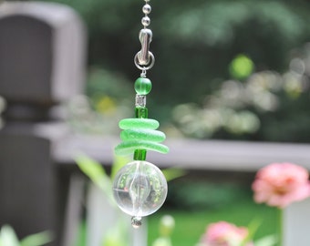 Ceiling Fan Pull, Genuine Sea Glass, Light Pull, Suncatcher, Frosty Green Stack 410, Coastal Gift, Lamp Pull, Beaded Pull, Beach Gifts