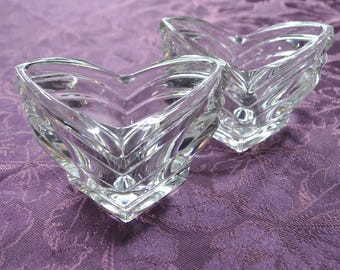 Pair Crystal Votive Holders Heart Shaped - V- Art Deco Style Mikasa 5"x 3.5" Vintage Free Ship