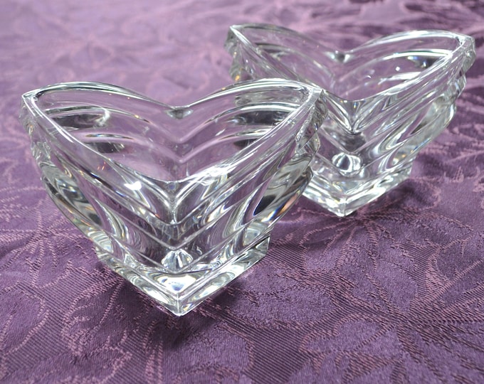 Pair Crystal Votive Holders Heart Shaped - V- Art Deco Style Mikasa 5"x 3.5" Vintage Free Ship