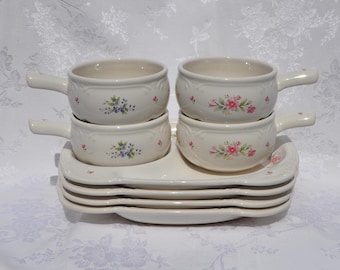 Vintage Pfaltzgraff Stoneware Meadowlane Stacking Trays & Soup Crocks Set/4 Free Ship
