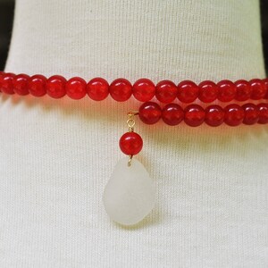 One Size Fits Wrap Around Necklace Red Jade Gemstone Necklace with Genuine White Sea Glass 14k Gold Filled Free Shipping 2049